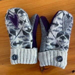 Gray and Purple Knit Mittens with Button Detail
